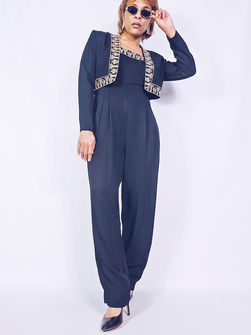 Jessica Howard Black Jumpsuit with Gold Trim Bolero